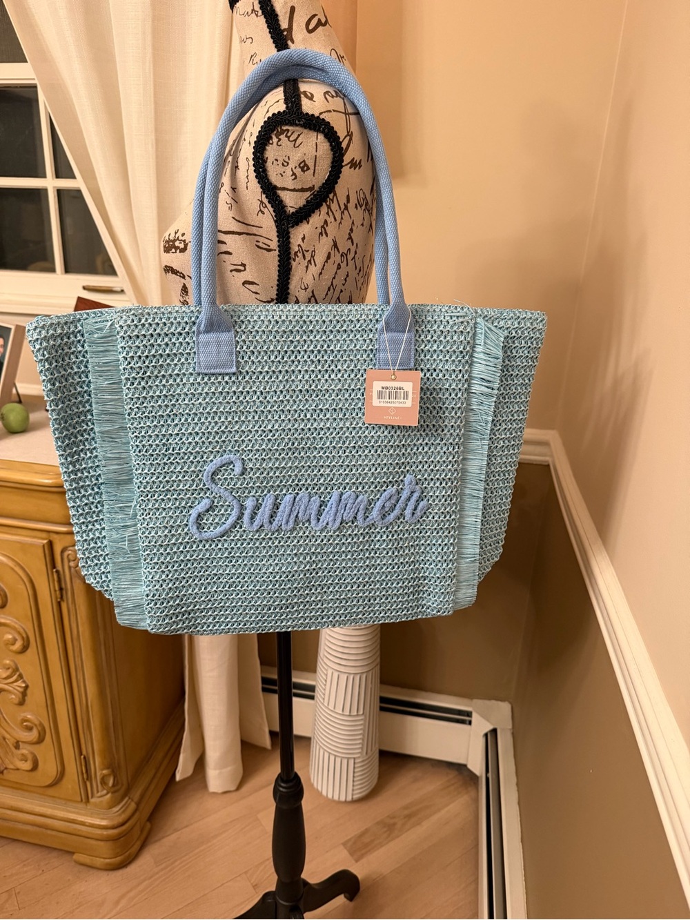 Styline Light Blue/ Teal  'Summer' Woven Tote Bag - Casual Beach Bag NWT